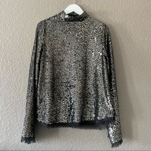 NWT Kendall + Kylie Sequin Top Blouse Turtleneck Mockneck Dressy Glam Fringe M